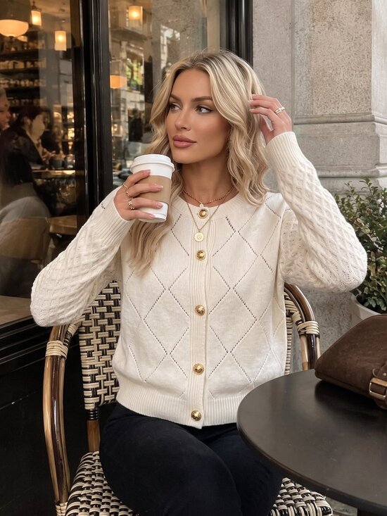 Sweaters - Women's White Wool Cable Knit Cardigan Gold Button Hollow Out Sweater Top